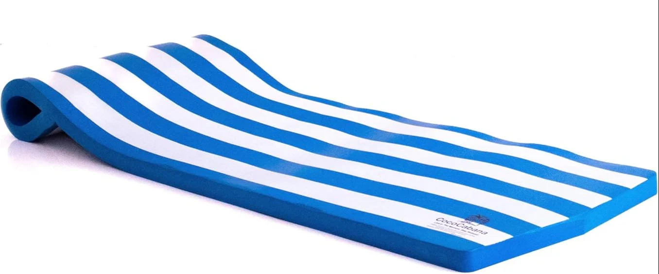 Close-up of a Cococabana striped blue and white vinyl-coated foam pool float