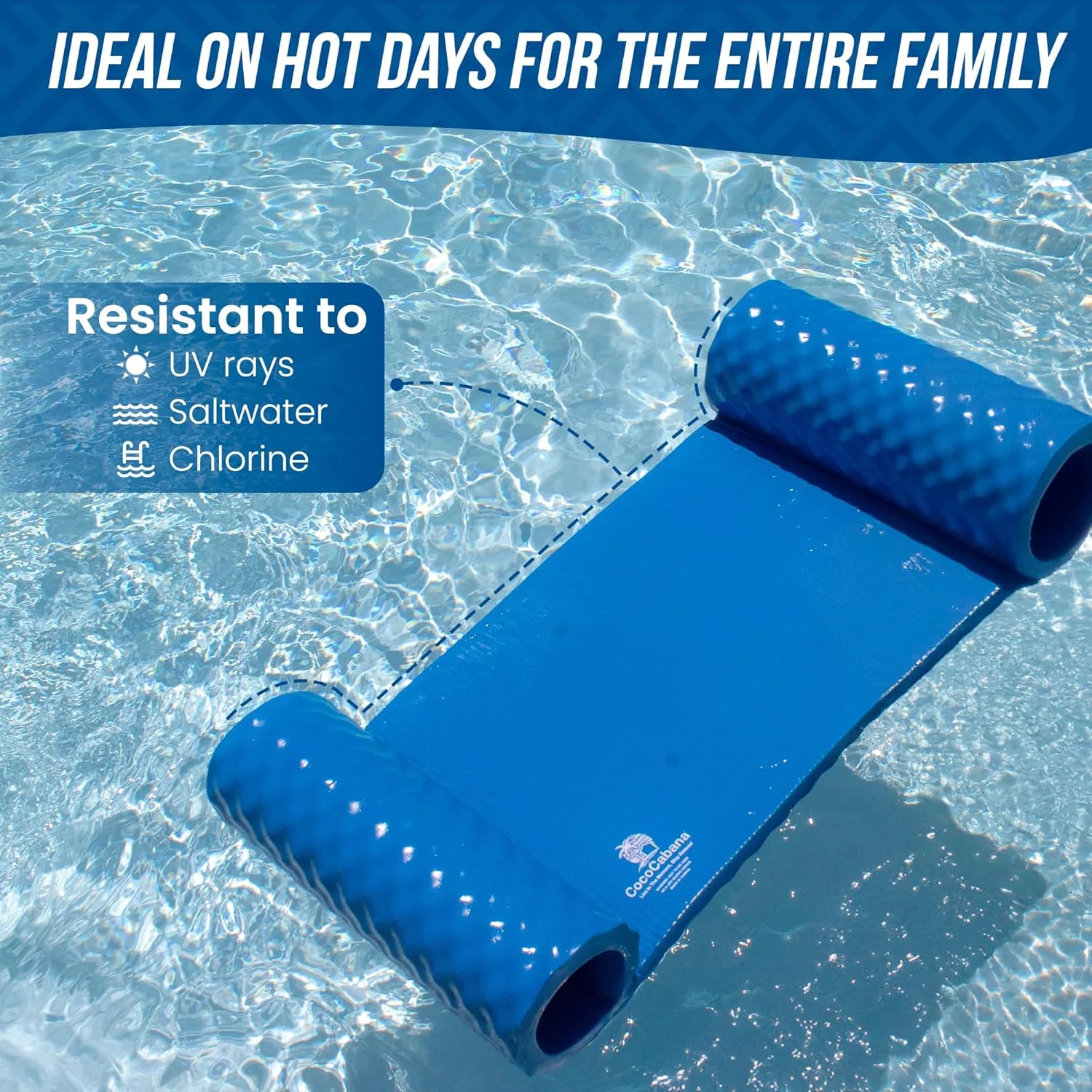Close-up of the Cococabana Pacific Blue water hammock's ribbed vinyl-coated foam construction