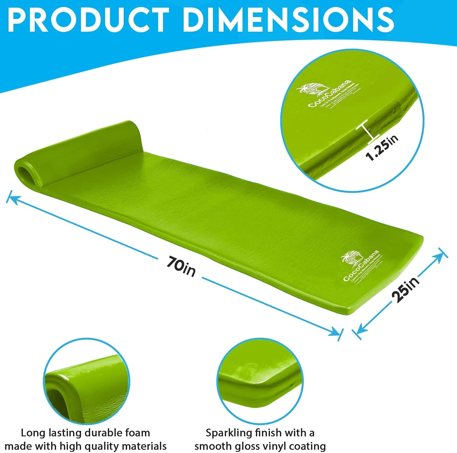 Close-up of lime green Cococabana foam pool float headrest showing contoured foam design