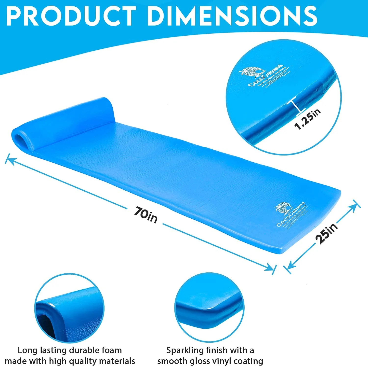 Cococabana blue foam pool float with integrated headrest detail showing premium foam thickness