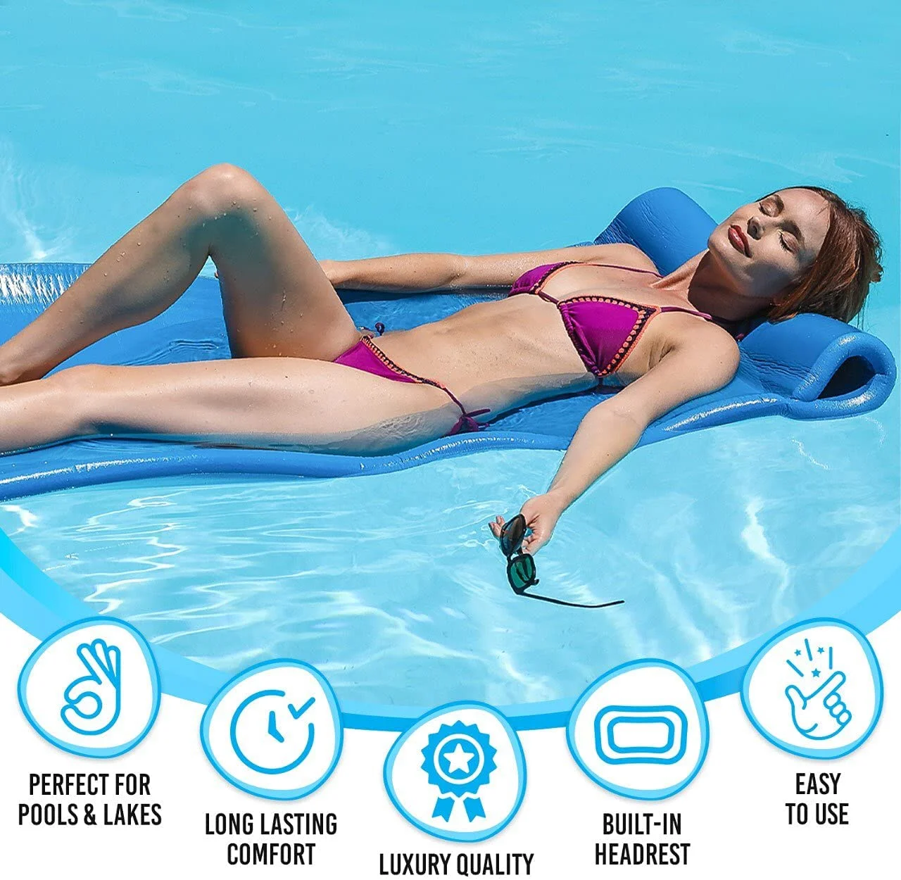 Close-up of the integrated headrest on a Cococabana luxury foam pool float