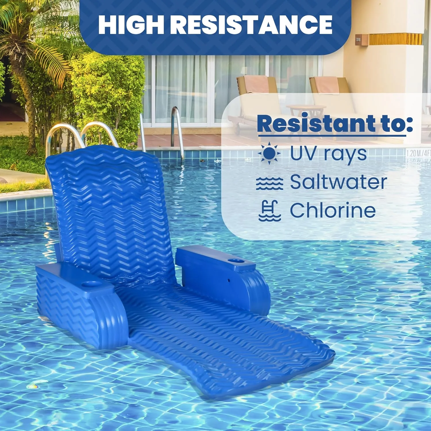 Cococabana Paradise foam pool chair in Pacific Blue showing triple-dip vinyl coating, armrests, and molded cup holders