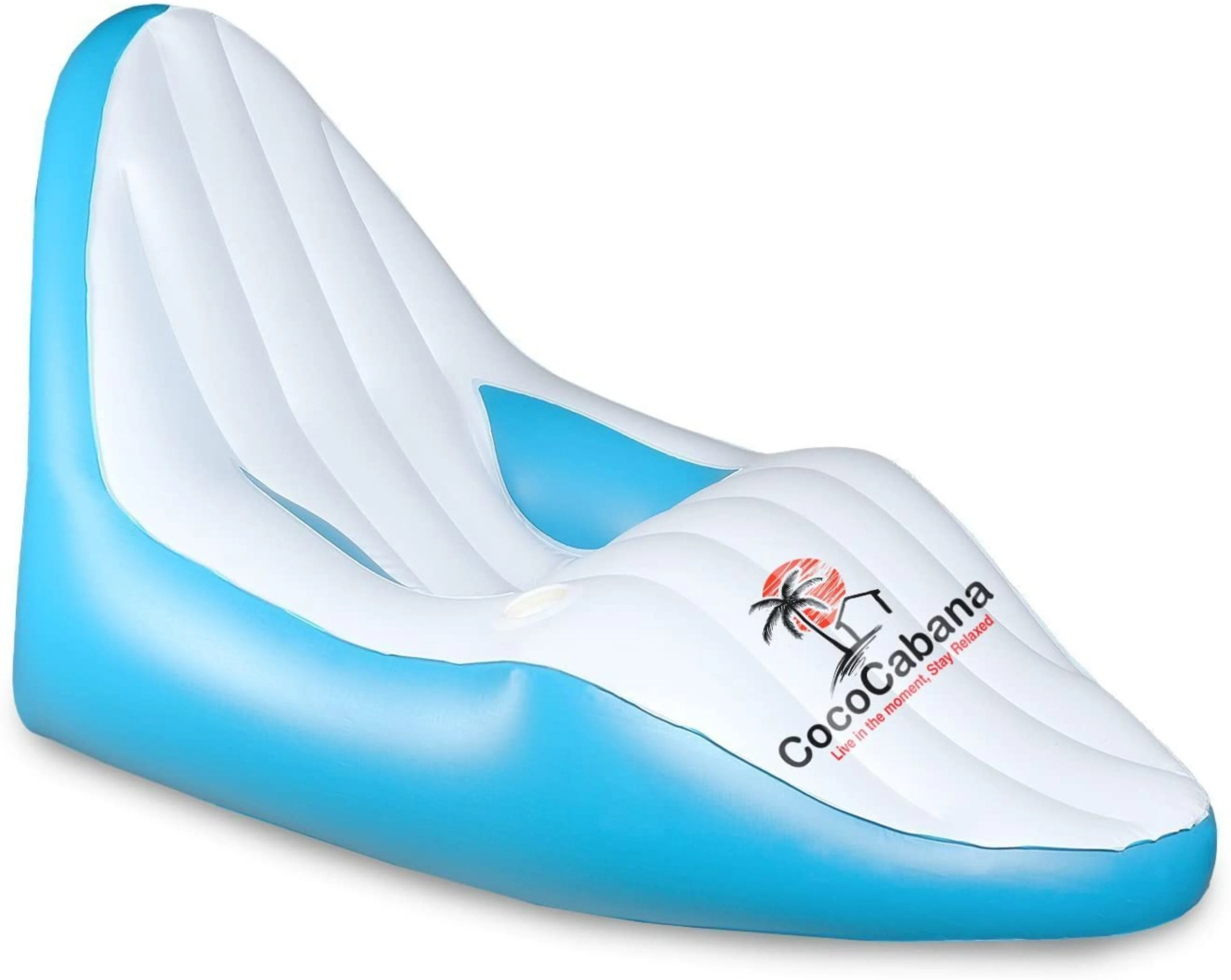 Cococabana Seychelles inflatable pool chair in white, floating on bright blue pool water
